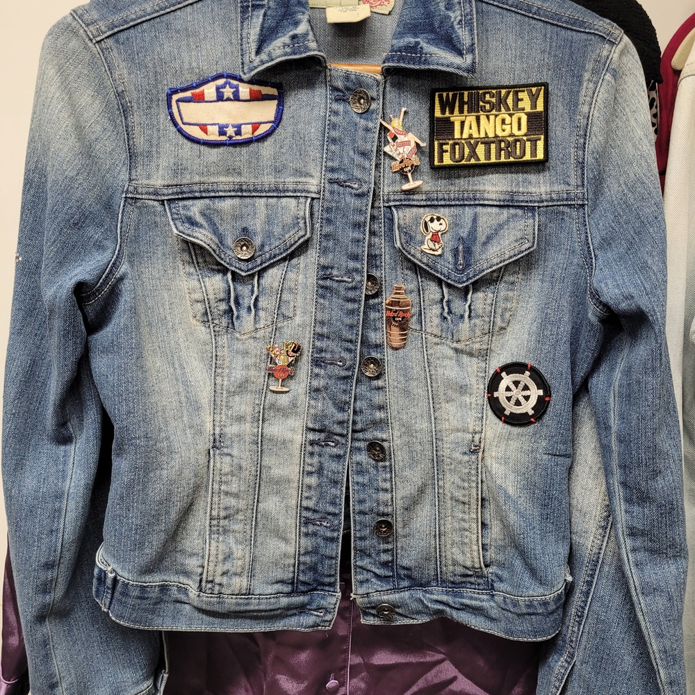 Hand Made Upcyled Denim Jacket with Patches and Pins